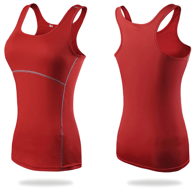 Red slim tank top for women, ideal for yoga and workouts, featuring breathable and quick-dry fabric with racerback design.